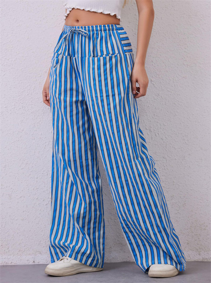 Women's Summer Contrast Color Striped Mid-Rise Drawstring Wide Leg Pants