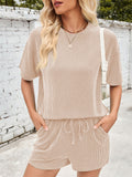 Women's 2pcs Casual Solid Color Short Sleeve Top & Drawstring Pants Set