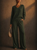 Women Ribbed Knit 2 Piece V Neck Drop Shoulder Wide Leg Pants Lounge Set