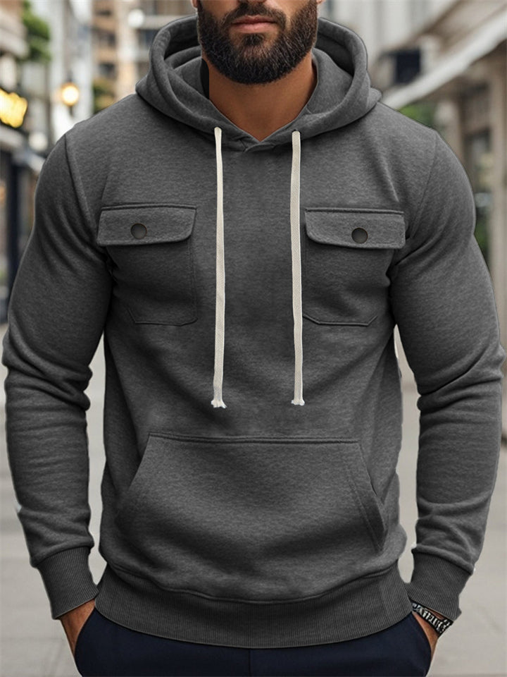 Men's Solid Color Casual Pullover Cargo Hoodies with Pockets