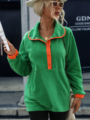 Women's Autumn Comfy Contrast Color Lapel Button Up Pullover Sweatshirts