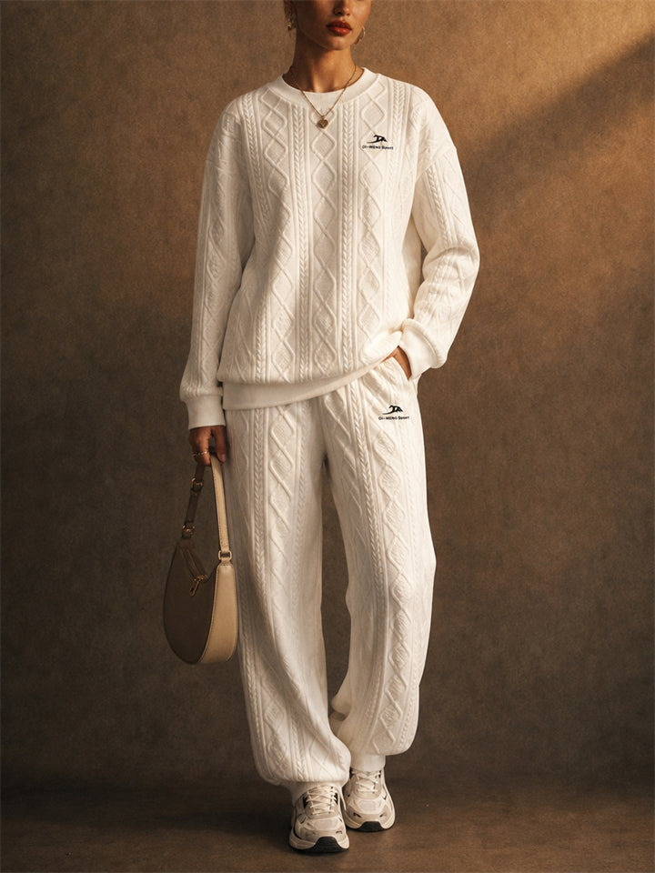 Women Cable Knit 2 Piece Loungewear Sweatshirt Joggers Set