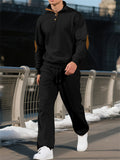 Men's Casual Solid Color Pit Stripe Drawstring Stand Collar Sweatshirts & Sweatpants Outfit
