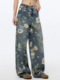 ‌Women's Mid Waist High Street Floral Print Loose Fit Wide Leg Denim Pants