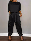 Women's 2Pcs Solid Color Short Sleeve Satin Round Neck Shirt & Pants Set