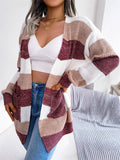 Women's Contrast Color Striped Long Sleeve Open Front Knit Cardigan Sweaters