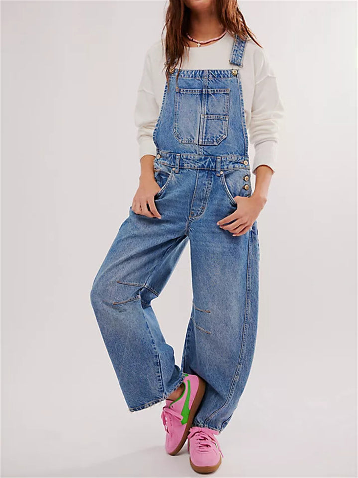 Women Casual Loose Fit Denim Cargo Overalls Baggy Jeans Jumpsuit