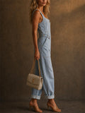 Womens Sleeveless Zip Front Utility Light Wash Denim Jumpsuit
