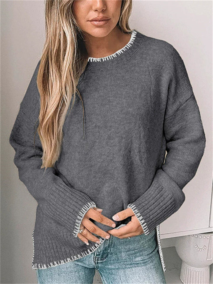 Women's Autumn Simple Commuter Contrast Trim Round Neck Asymmetric Hem Sweater