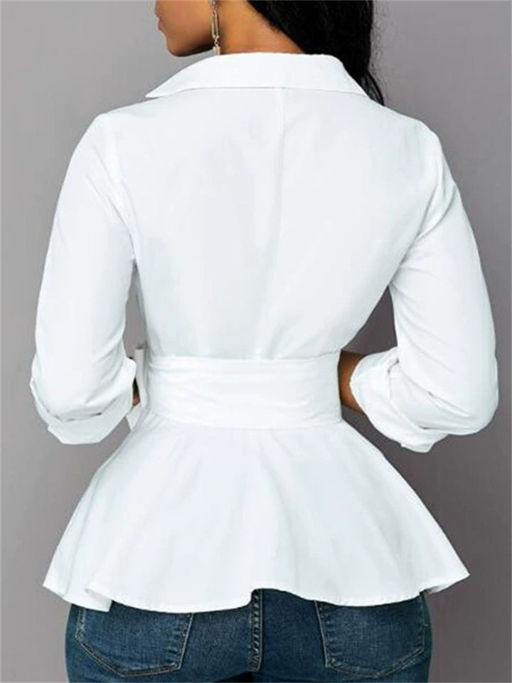 Women's Solid Color V Neck Asymmetric Hem Tie-waist Blouses