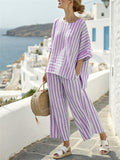 Women's 2pcs Summer Casual Stripe Short Sleeve Top & Pants Set