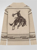 Men's Khaki Autumn Jacquard Pockets Button Up Cardigan Sweaters