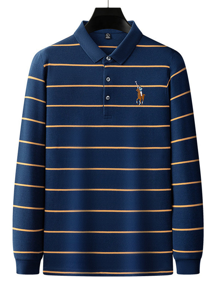 Men's Cotton Stripe Casual Long Sleeve Polo Shirts