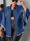 Blue Zip up 3/4 Sleeve Fringed Denim Jacket for Women Casual Streetwear‌