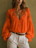 Womens Lace V Neck Lantern Sleeve Boho Ruffle Blouse