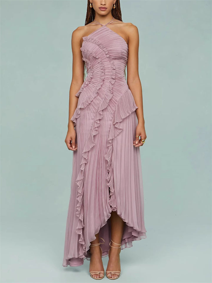 Women's Elegant Solid Color Ruffled Pleated Halter Evening Dress