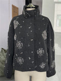 Vintage Stand Collar Single Breasted Snowflake Pattern Winter Coat for Women