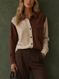 Women Color Block Corduroy Button Down Oversized Shirt