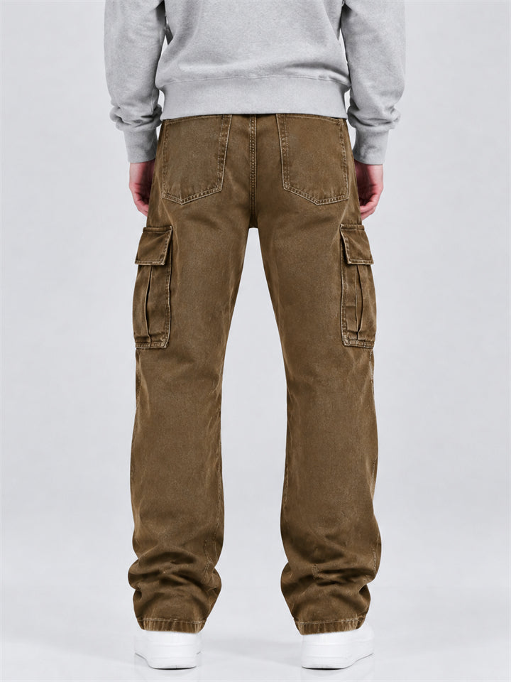 Men Vintage Straight Leg Multi Pocket Cargo Denim Pants