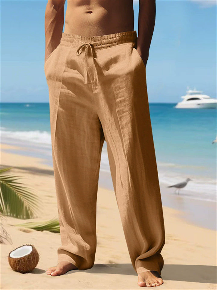 Men's Summer Linen Blend Drawstring Loose Fit Casual Beach Pants