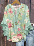 Women's Summer Holiday Style Floral Printed Ruffle Sleeve Blouses