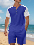 Men's Casual Waffle Contrast Color Comfy Beach Henry Shirt & Shorts Set