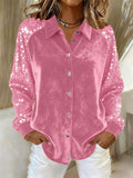Autumn Velvet Sequin Sleeve Patchwork Button Up Casual Blouses for Women