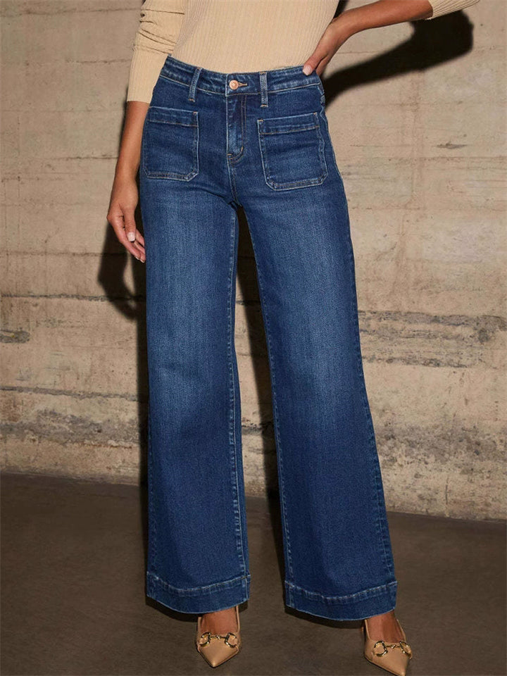 Women's Autumn Vintage Blue Front Pockets Straight Denim Pants