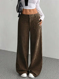 ‌Autumn Mid Waist Corduroy Pockets Wide Leg Pants for Women‌