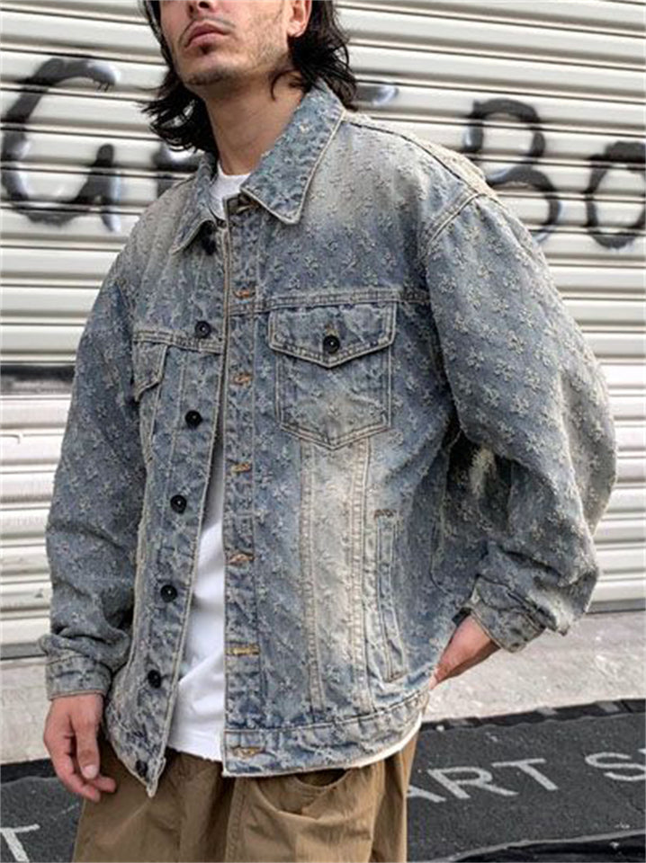 Men's Vintage Washed Distressed Jacquard Denim Jackets