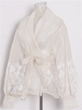 Women's French Style Elegant Lapel Long-sleeve Semi Transparent Blouses
