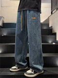 Men's Streetwear Faded Drawstring Elastic Waistband Wide Leg Denim Pants
