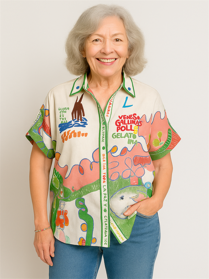 Women's Personalized Ggraffiti Printing Turn-down Collar Blouse