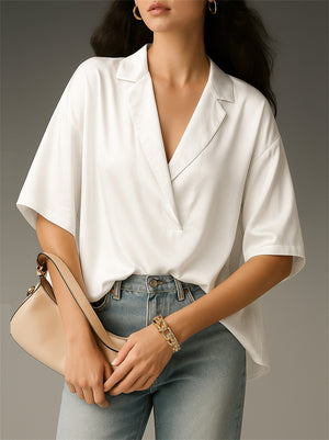Ladies' Elegant Solid Color Pullover Lapel Half Sleeve Satin Blouse
