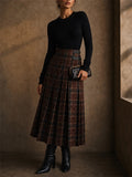Women Vintage Brown High Waist Buckle Plaid Pleated Skirt