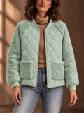 Women Fleece Quilted Jacket Zip Up Bomber Coat with Pockets