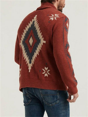 Men's Vintage Red Geo Lapel Button Sweater for Winter