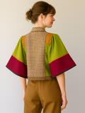 Boho Patchwork Lantern Sleeve Crop Shirt