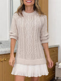 Women's Solid Color Twisted Pattern Round Neck Long Sleeve Patchwork Sweater Dress