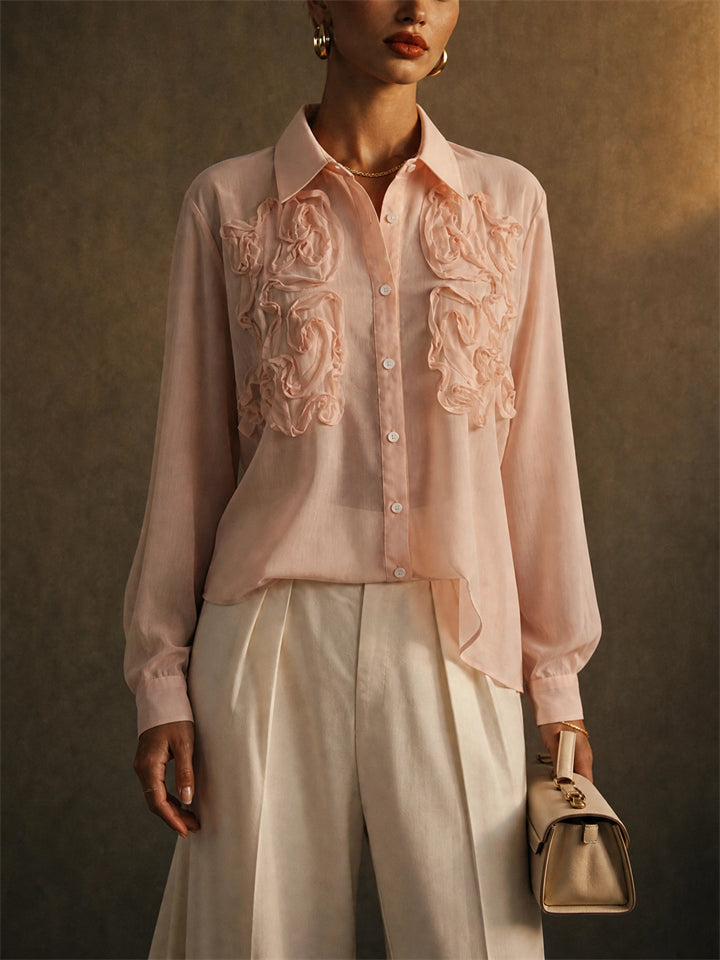 Women Pink 3D Floral Sheer Long Sleeve Chiffon Button Blouse