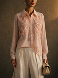 Women Pink 3D Floral Sheer Long Sleeve Chiffon Button Blouse