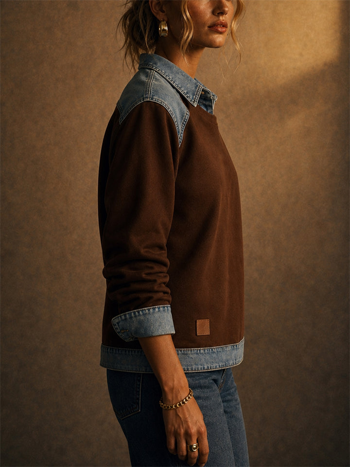 Women 2 in 1 Layered Pullover Denim Patchwork Collar Top
