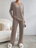 Women's Comfy V Neck Long Sleeve Ribbed Knit Top & Pants Outfits