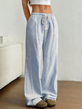 Simple Striped Wide Leg Casual Pants for Women with Drawstring Waist