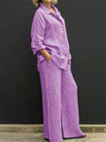 Women's 2Pcs Casual Holiday Style Solid Color Long Sleeve Shirt & Pant Set