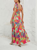 Female Holiday Floral Leaf Print Sleeveless Pleated Dress