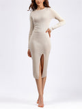 Women's Slim Fit O-neck Slit Knit Bodycon Dresses