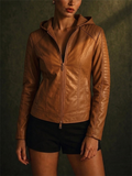 Women's Cool Hooded PU Leather Jacket with Warm Lining
