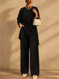 Women Lounge Pleated Two Piece Set Long Sleeve Top Wide Leg Pants