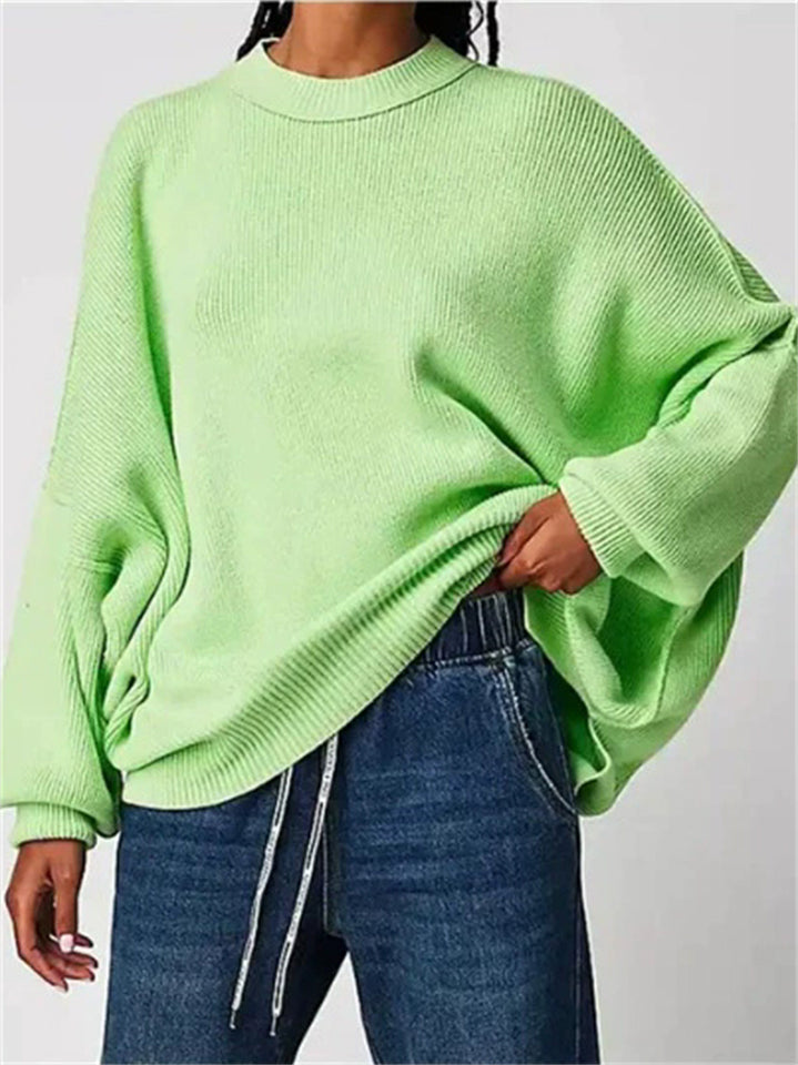 Women's Autumn Batwing Round Neck Side Slit Pullover Sweaters